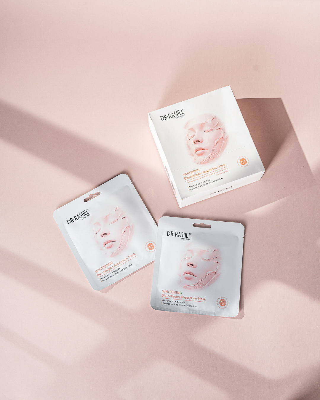 DR RASHEL Whitening Bio-Collagen Absorption Mask (Pack of 12) – Rosehip Oil + Peptide | Dark Spot & Blemish Control