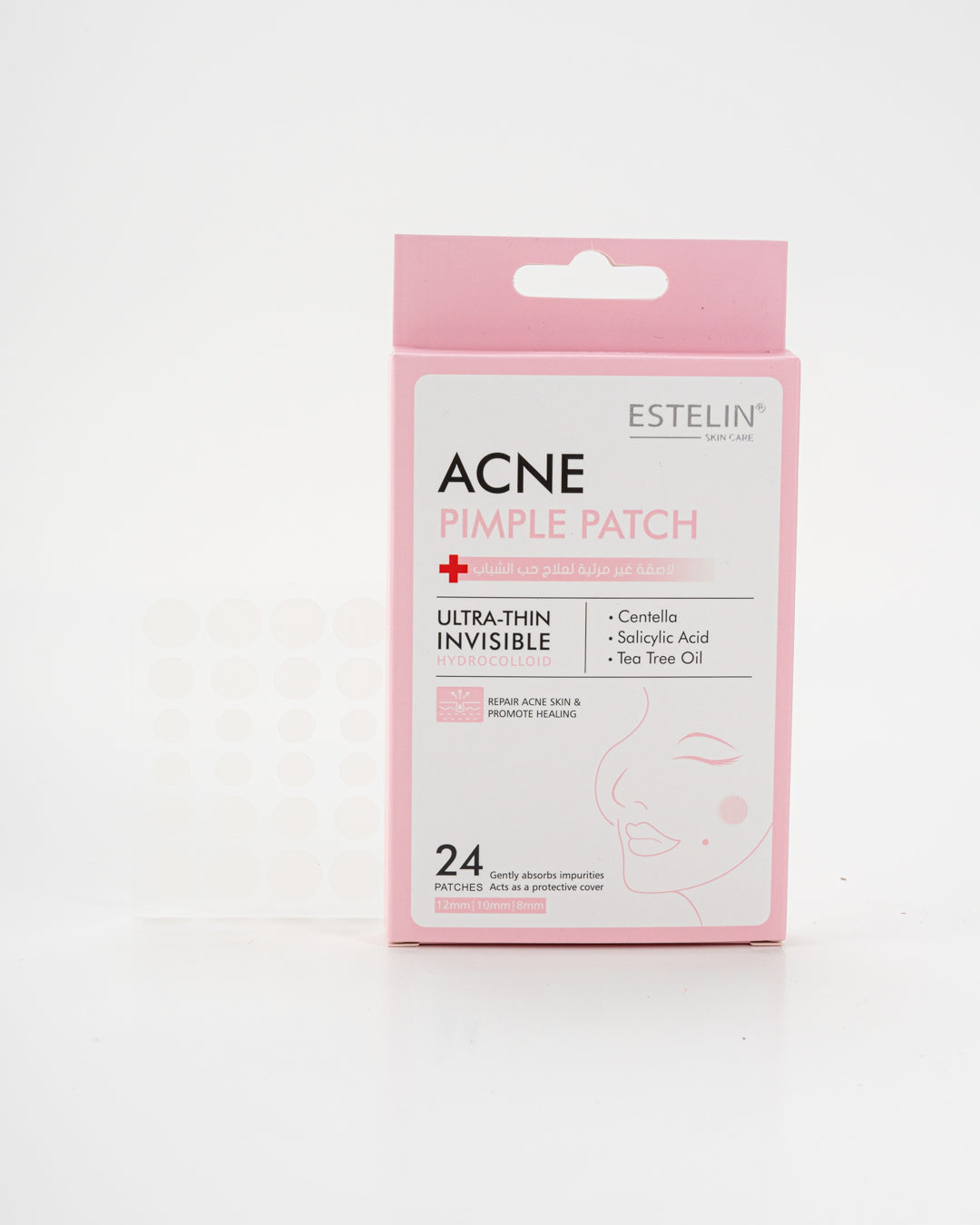 Estelin pink Acne Pimple Patch front packaging with Centella Salicylic Acid and Tea Tree Oil